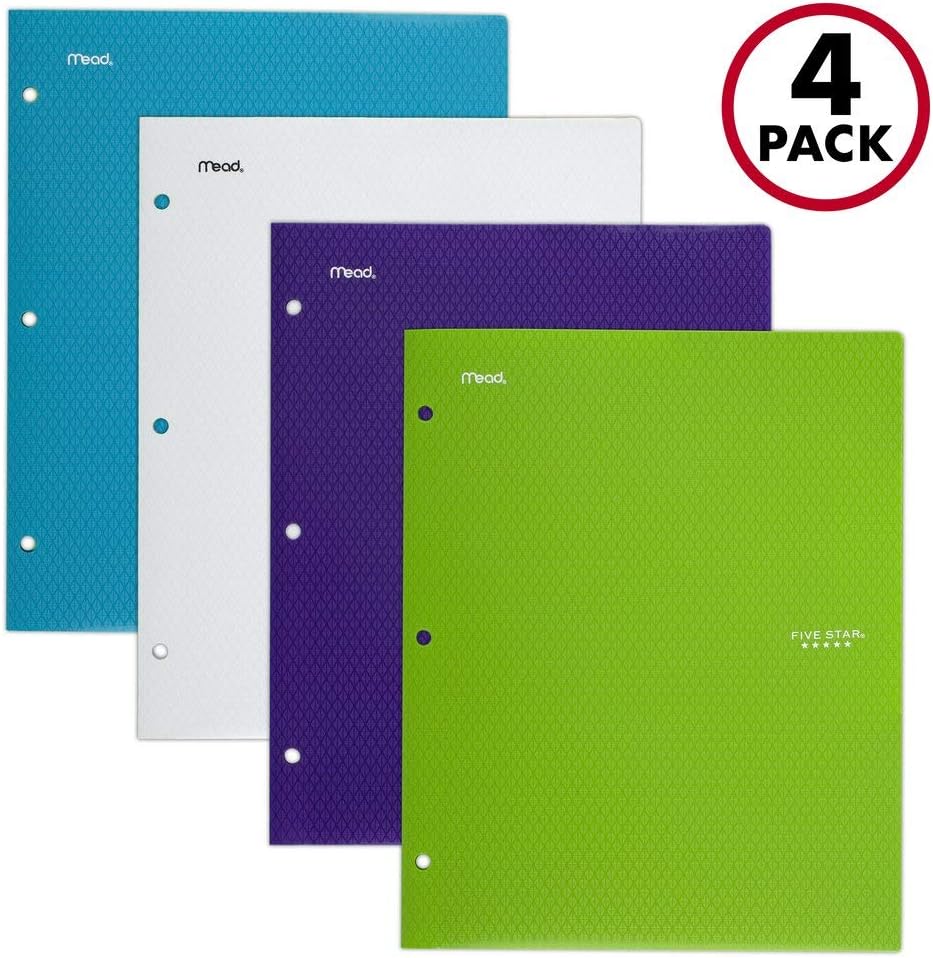 Five Star 2 Pocket Folders, Stay-Put Folders, Plastic Colored Folders with Pockets & Prong Fasteners for 3-Ring Binders, For Home School Supplies & Office, 11” x 8-1/2”, Assorted, 4 Pack (38065)