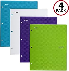 Five Star 2 Pocket Folders, Stay-Put Folders, Plastic Colored Folders with Pockets & Prong Fasteners for 3-Ring Binders, For Home School Supplies & Office, 11” x 8-1/2”, Assorted, 4 Pack (38065)