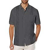 COOFANDY Mens Cuban Linen Shirt Short Sleeve Button Down Shirts Summer Beach Top Dark Grey