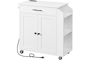 HOOBRO Kitchen Island with Power Outlet, Kitchen Storage Island with Spice Rack and Drawer, Rolling Kitchen Cart on Wheels, f
