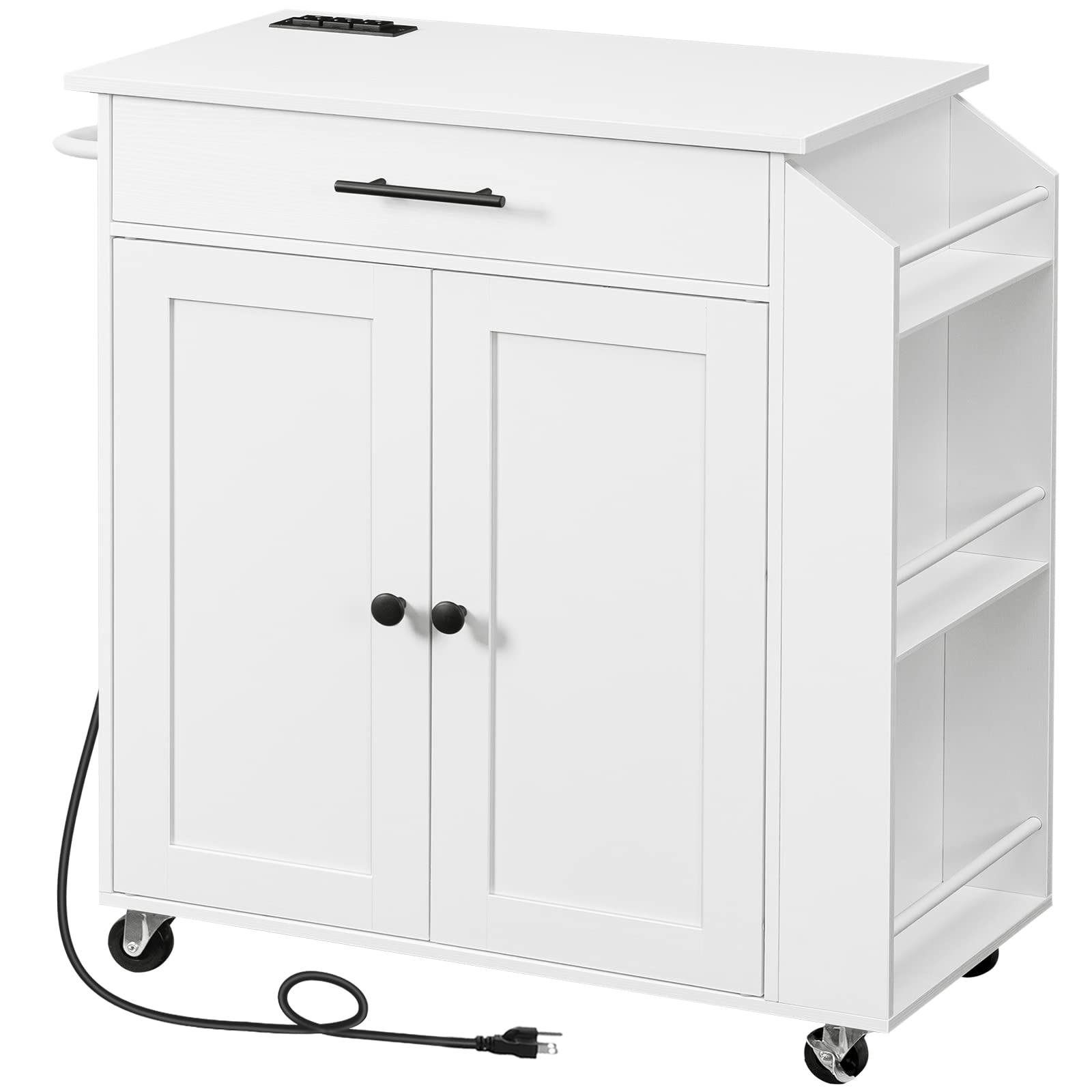 Photo 1 of HOOBRO Kitchen Island with Power Outlet, Kitchen Storage Island with Spice Rack and Drawer, Rolling Kitchen Cart on Wheels, for Home, Kitchen and Dining Room, White WT82UZD01G1