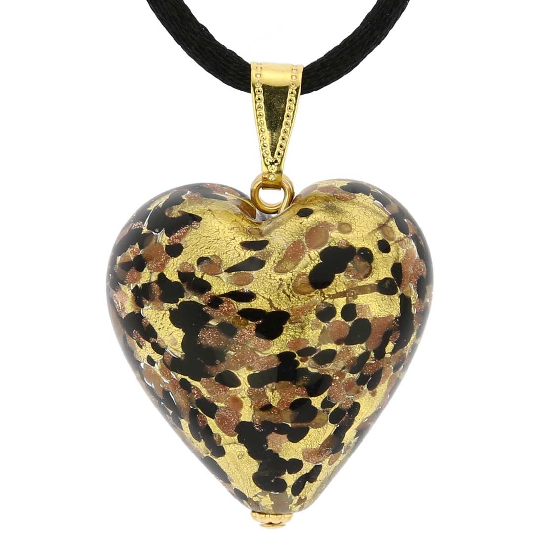 Glass Of Venice Murano Glass Heart Pendant - Black Gold Confetti