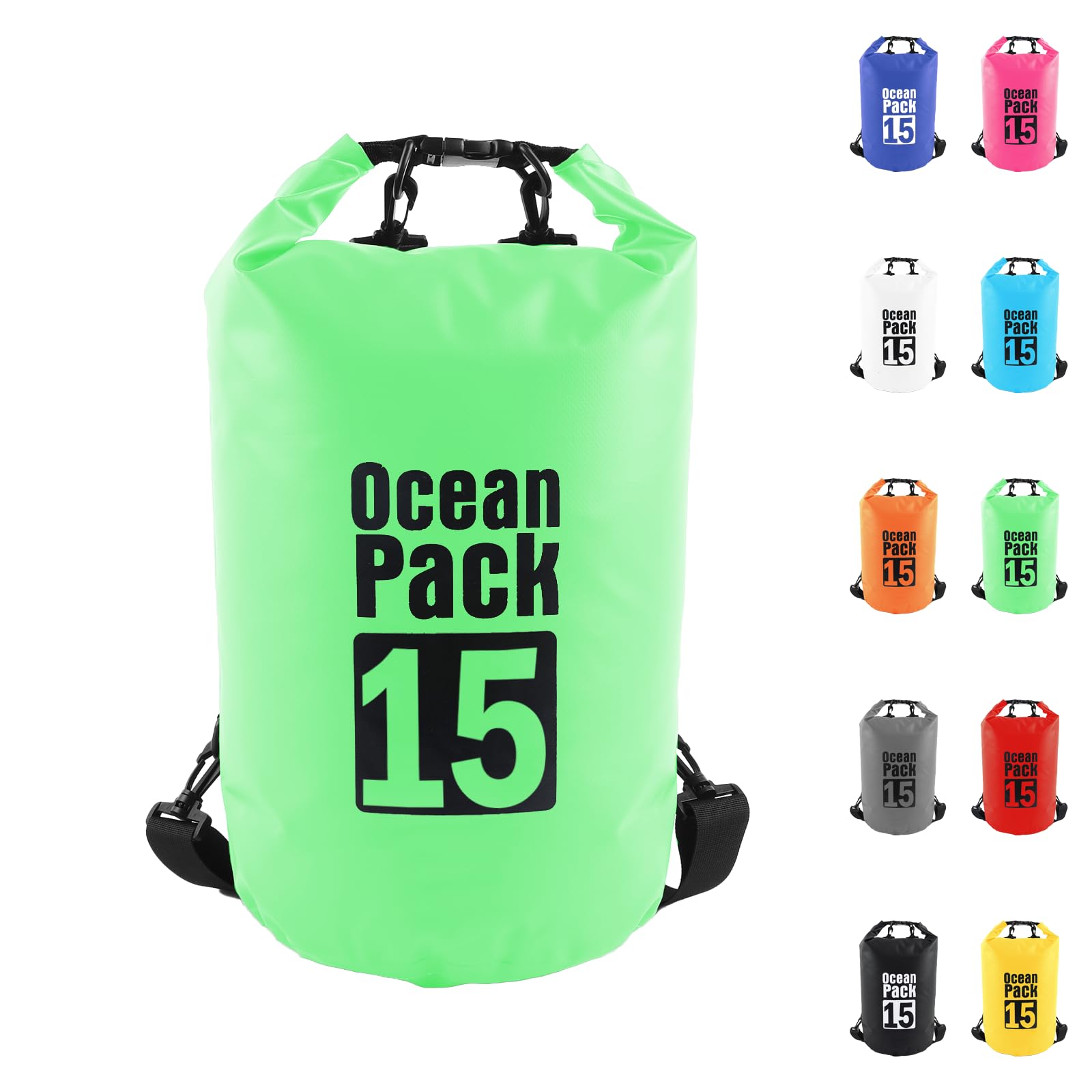 Dry Bag 15L, Boat Dry Bags Green Waterproof Bag Dry Sack Roll Top Long Adjustable Shoulder Strap 2L/5L/10L/20L/30L/40L for Drifting Boating Kayaking Fishing Rafting Swimming Camping Canoeing Surfing