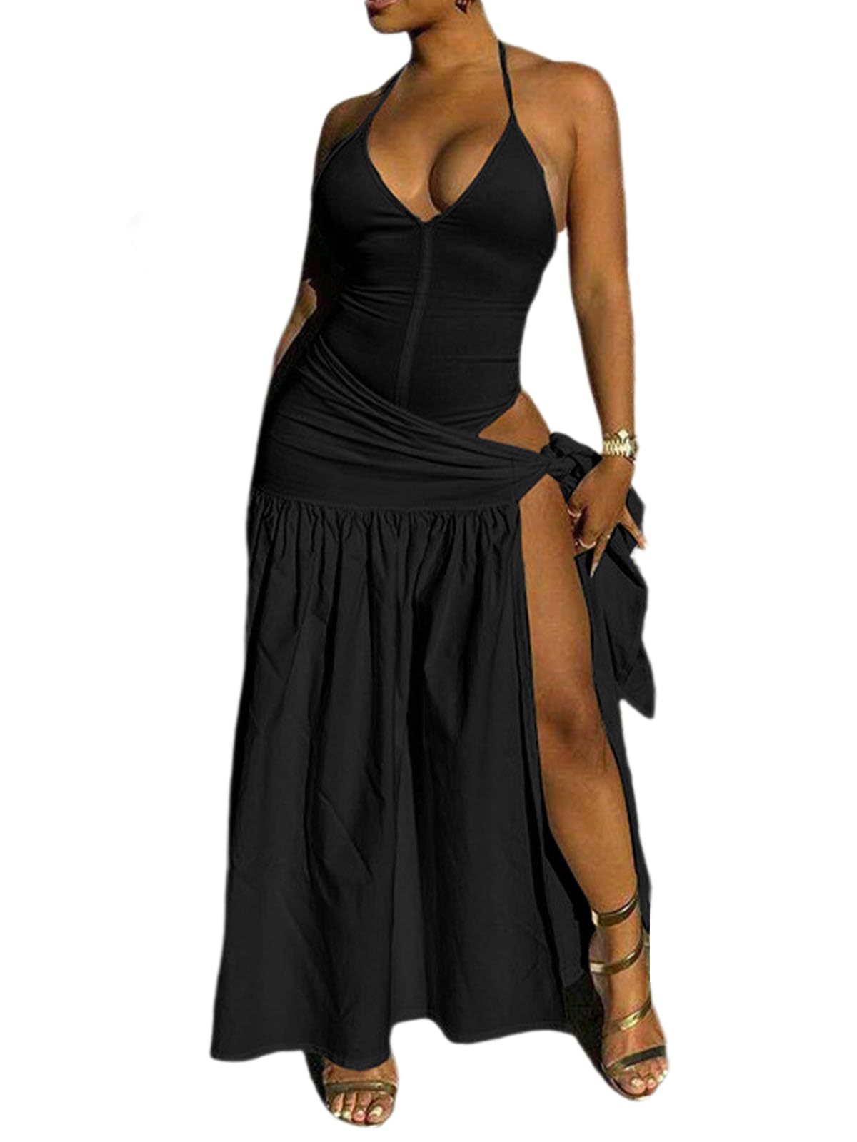 Photo 1 of Halfword 2 Piece Maxi Skirt Sets Sexy Halter V Neck Backless Bodysuit Sarong Wraps Beach Vacation Clothes Going Out Outfits Black S