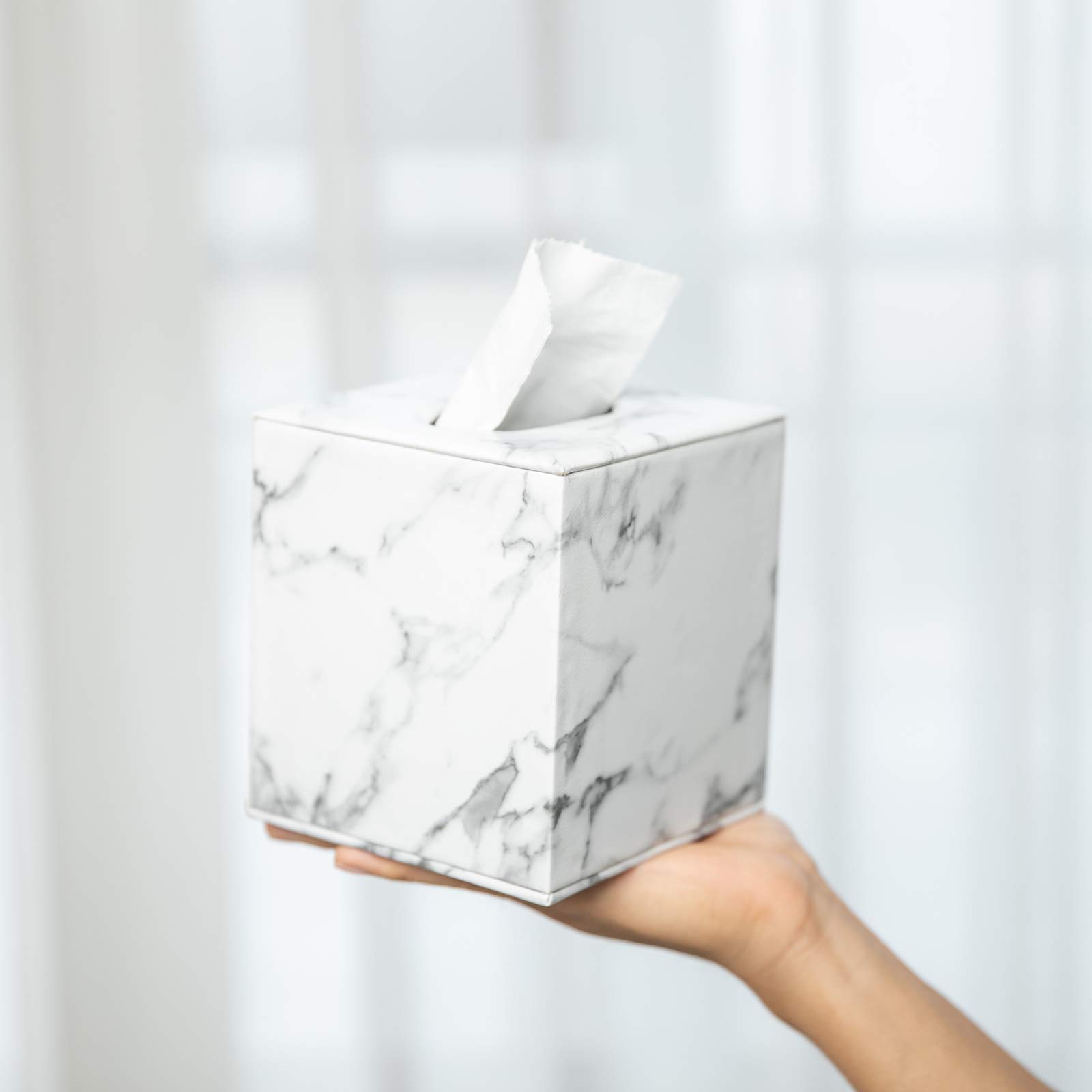 Photo 1 of SUNYUROU Tissue Box Cover, Square, Modern Marble Style, Marble Stripes, PU Leather & Wood Material