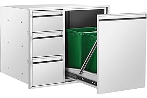 POPMOON Outdoor Kitchen Drawer Combo,BBQ Triple Drawer & Trash Drawer with 2 Trash Cans (20L) 28WX22HX19D Inch for BBQ Island,Grilling Station