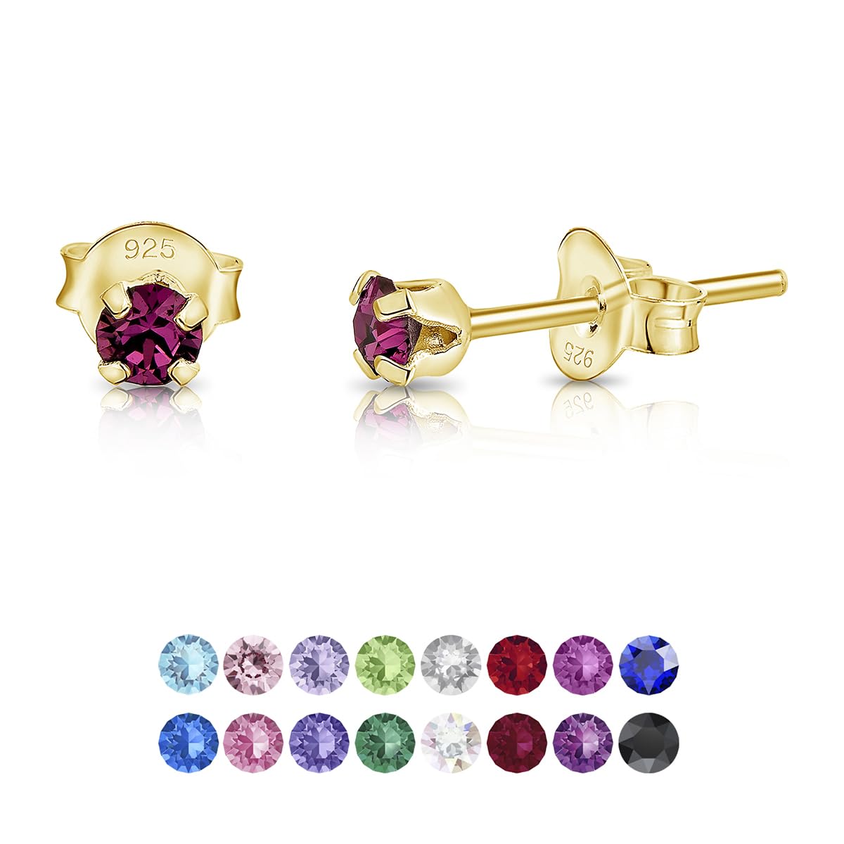 DTPSilver - 925 Sterling Silver Yellow Gold plated Round TINY Stud Earrings made with Glittering Crystals from Swarovski® Elements - Diameter: 3 mm - Colour : Purple Amethyst