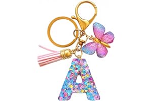 Cute Initial Letter Keychains for Girls Women Tassel Butterfly Purple Pink Blue Alphabet Keychain for Backpack