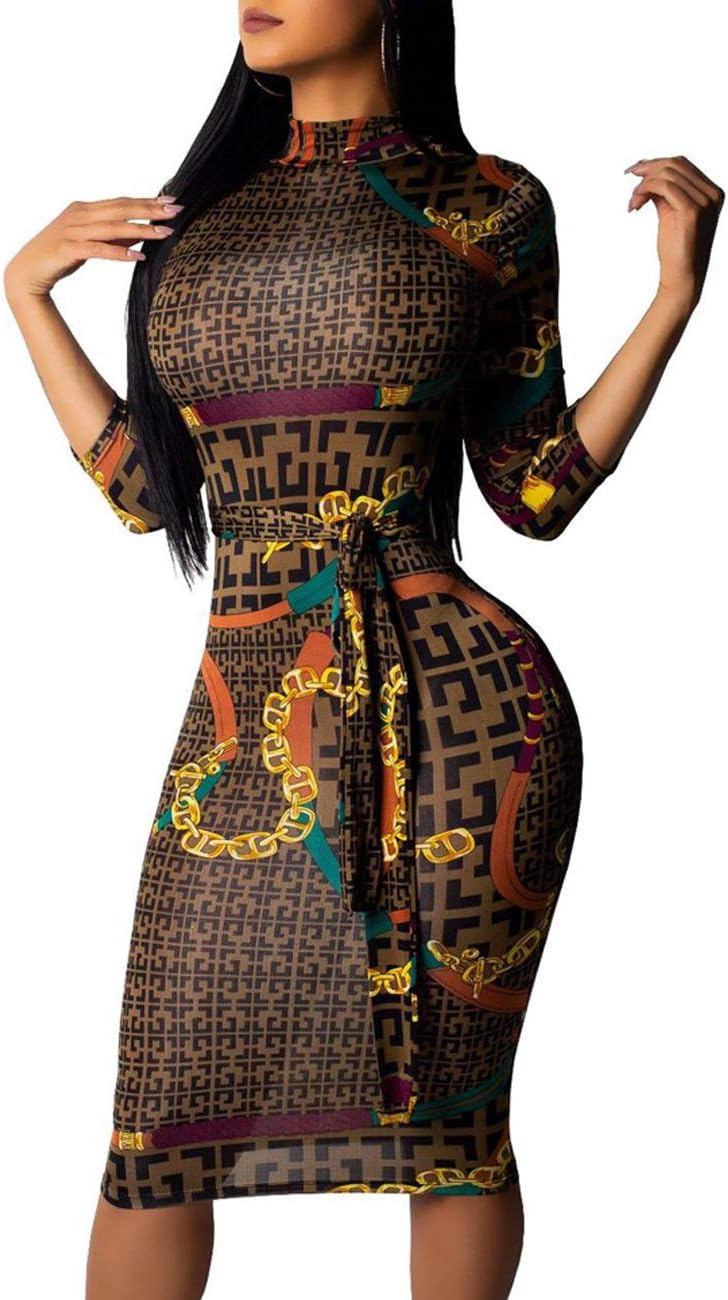 SxClubWomen Sexy Dresses Bodycon Church 3/4 Sleeve African Print Pencil Party Office Dress Work with Split