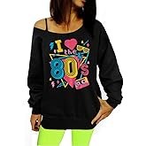 MNLYBABY 80s Outfit Women 80s 90s Theme Party Disco Shirt Off The Shoulder Sweatshirt Vintage 80s Neon I Love The 80's Top