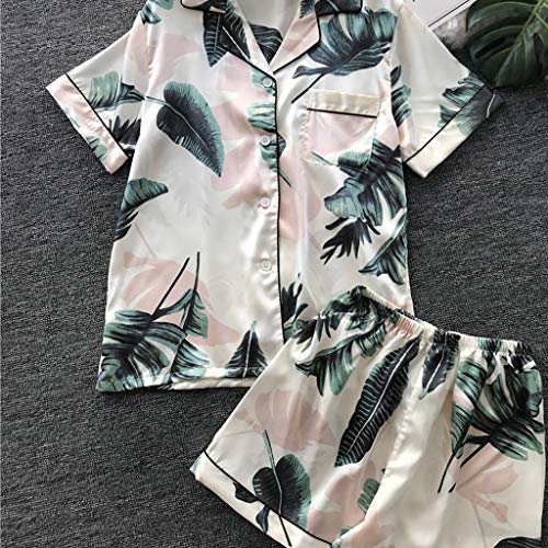 Women Simulation Silk Printing Pattern Pajamas Short Sleeve Sleepwear V Neck Nightwear Set Beige