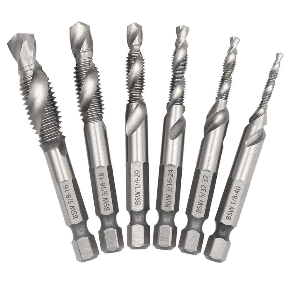 SI FANG 3 in 1 Combination Drill and Tap Set, 6Pcs Hex Shank Hand Tap HSS Drill Tap Bits Set- Imperial 1/8, 5/32, 3/16, 1/4, 5/16, 3/8, Multifunctional Spiral Screw Taps Drilling & Tapping Tool