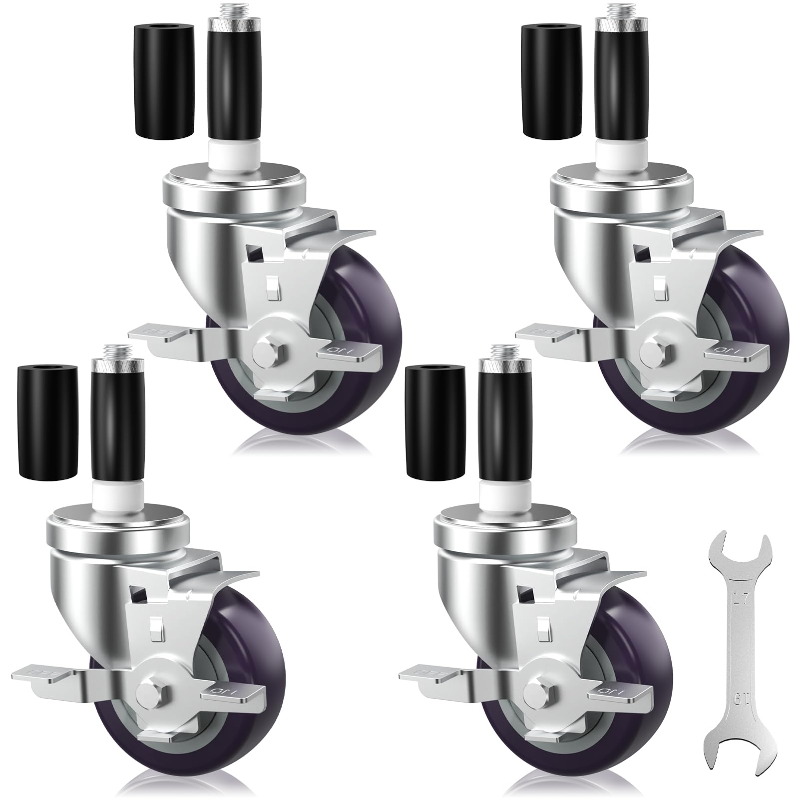 Photo 1 of OK5STAR 3 Inch Expanding Stem Caster Wheels Set of 4 for Table Legs, Stainless Table Casters All with Brake Fit 7/8",1" and 1-1/8" Inner Diameter Tube Leg Adapter Caster