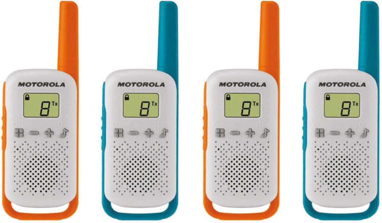 Motorola Solution T42 Quad Talkabout PMR446 2-Way Walkie Talkie Portable Radio’s (One Pack of 4), Blue and Orange - Image 4