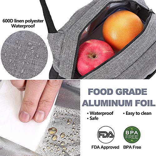 AmHoo Insulated Lunch Bag for Women Reusable Lunch Tote Cooler Bag Handbag - Double YKK Zippers - Newest Waterproof 600D linen polyester for Adults Kids Students (Grey&Black)