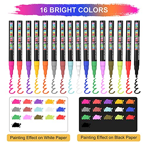 Acrylic Paint Pens, 16 Colors 1MM Permanent Marker Pens, Rock Drawing Pens for DIY on Porcelain/Wood/Glass/Pebbles, Waterproof/Oil-Based/Quick-Dry/Non-Toxic Paint Markers