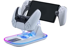 Mcbazel Charging Station for PS5 Portal Remote Player and PS5 Controller with 14 RGB Light Modes, Charging Dock Charger Base Stand Holder for PlayStation 5 Portal Console - White