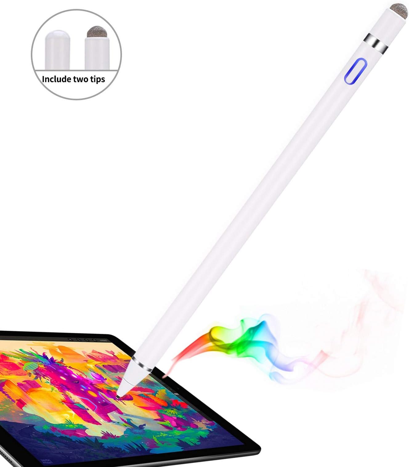 Stylus Pen for Apple iPad - Capacitive Rechargeable Styli with 1.5mm Ultra Fine Tips Active Electronic Pencil for Apple iPad/iPhone/iPad Pro/Samsung Tablet with Replaceable Cap (18cm, White)