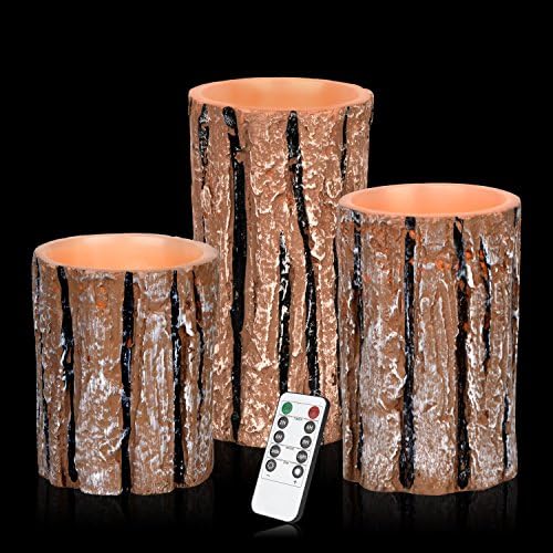 Flameless Candles Battery Operated Candles 4" 5" 6" Set of 3 Bark Effect Real Wax Pillar LED Candles with 10-key Remote and Cycling 24 Hours Timer