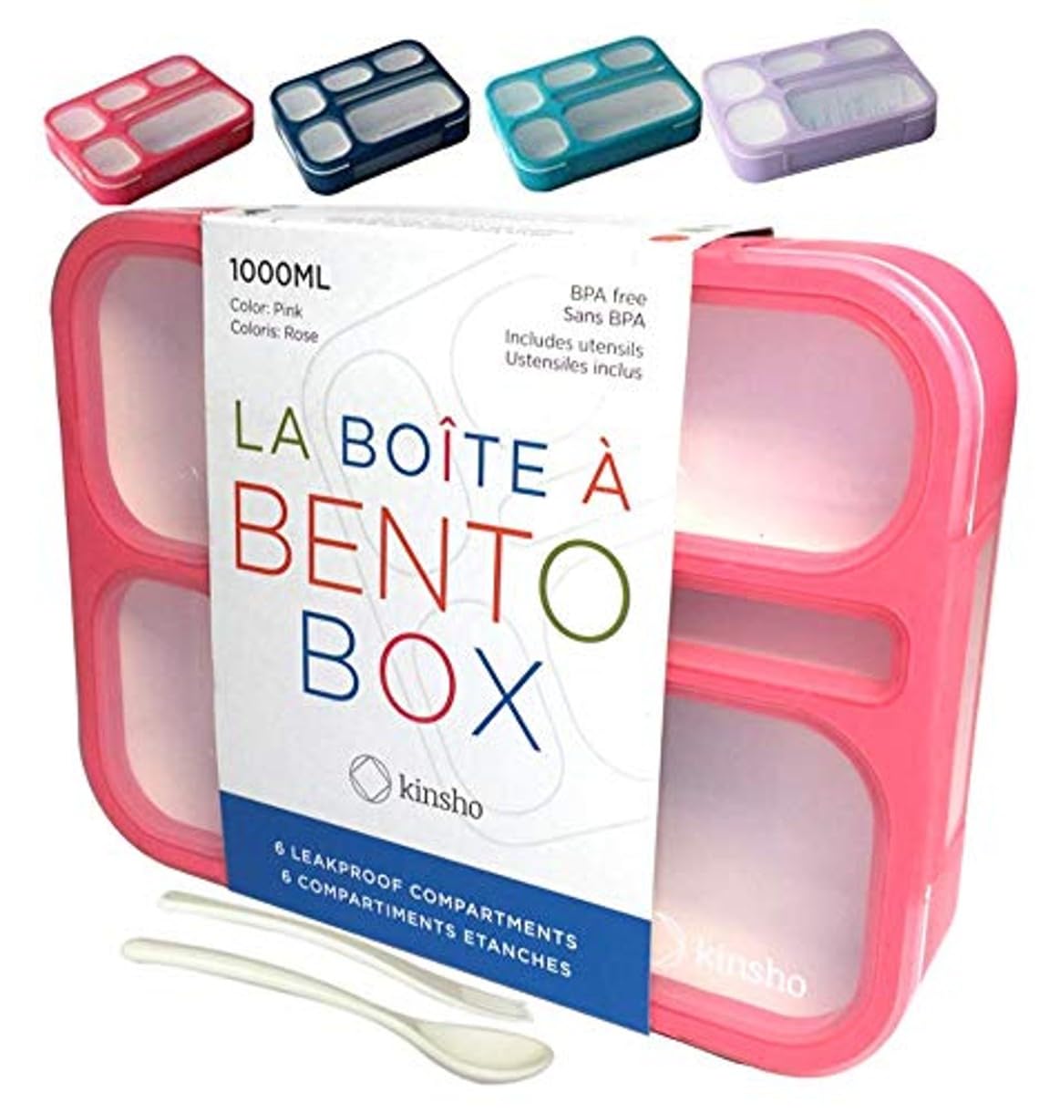 KINSHO Bento-Box Lunch Boxes | Containers for Kids, Adults, Girls | 6 Compartment Leakproof School Bentobox Kit | Portion Container Boxes with Utensils | BPA-Free | 1 Pink Set