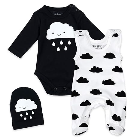 NINI Baby Set Strampler + Body + Mütze Unisex schwarz weiß | Motiv: Wolken | Babyset 3 Teile mit Wolkenmotiv für Neugeborene 
