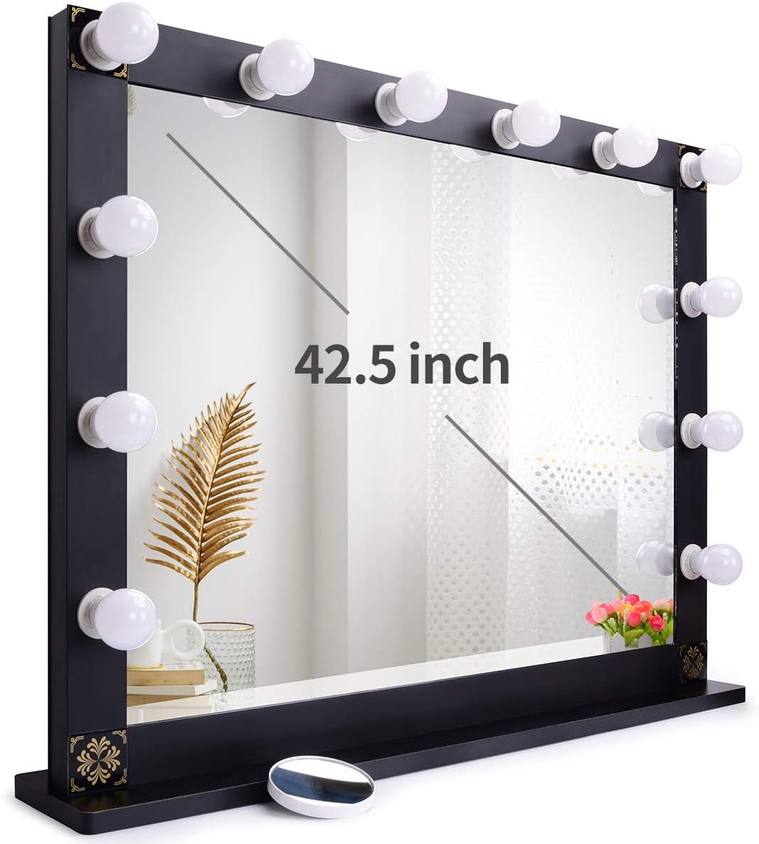 Nitin Hollywood Lighted Vanity Mirror, Tabletop Makeup Mirror with 12 Dimmer LED Bulbs, Large Dressing Cosmetic Mirror (Black)
