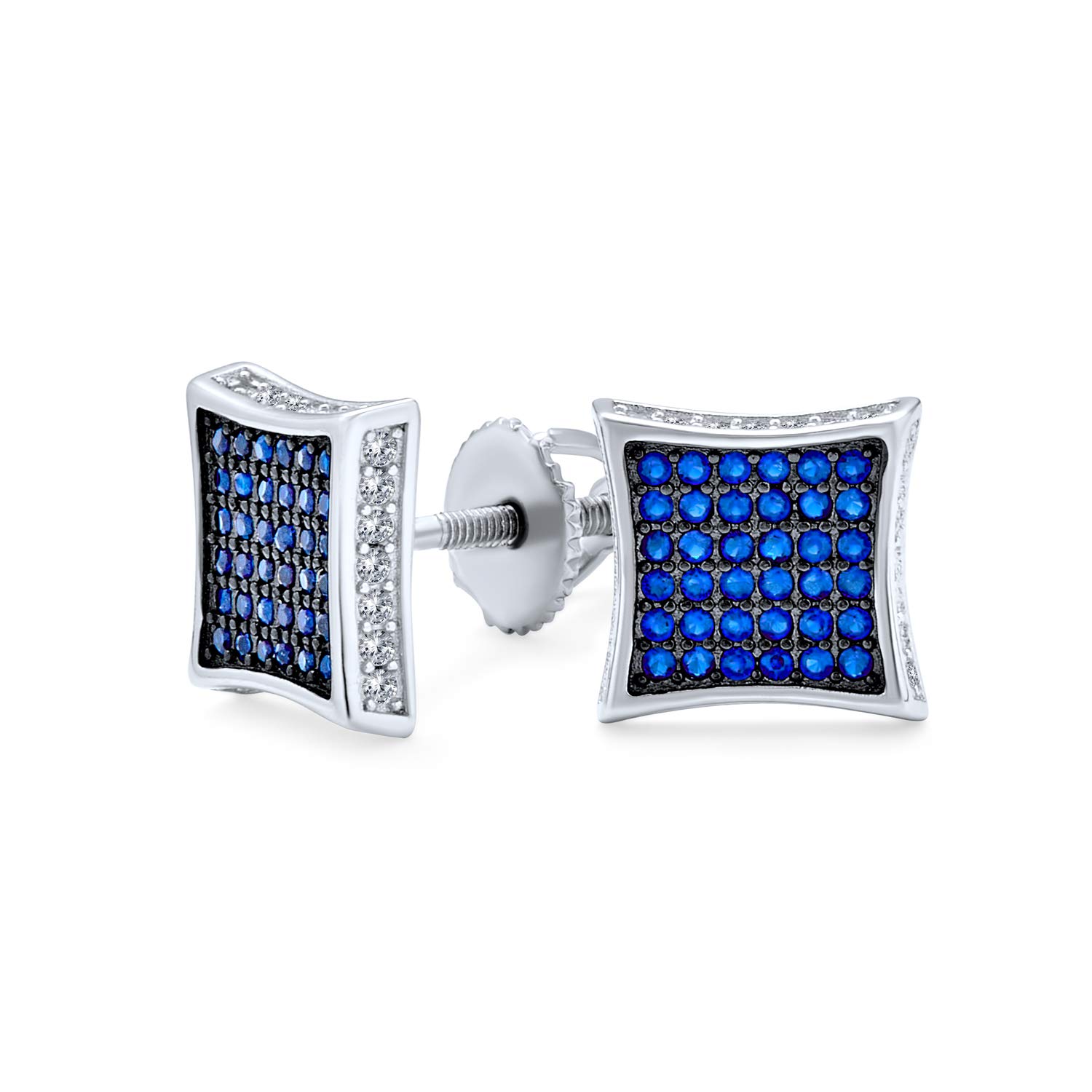 Blue White Cubic Zirconia Micro Pave CZ Square Stud Earrings For Men Simulated Sapphire Sterling Silver Screw back 9MM — image 1
