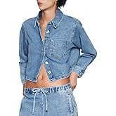 Women Crop Denim Jacket Shacket Long Sleeve Jean Shirt Lapel Collar Denim Shirt Blouse