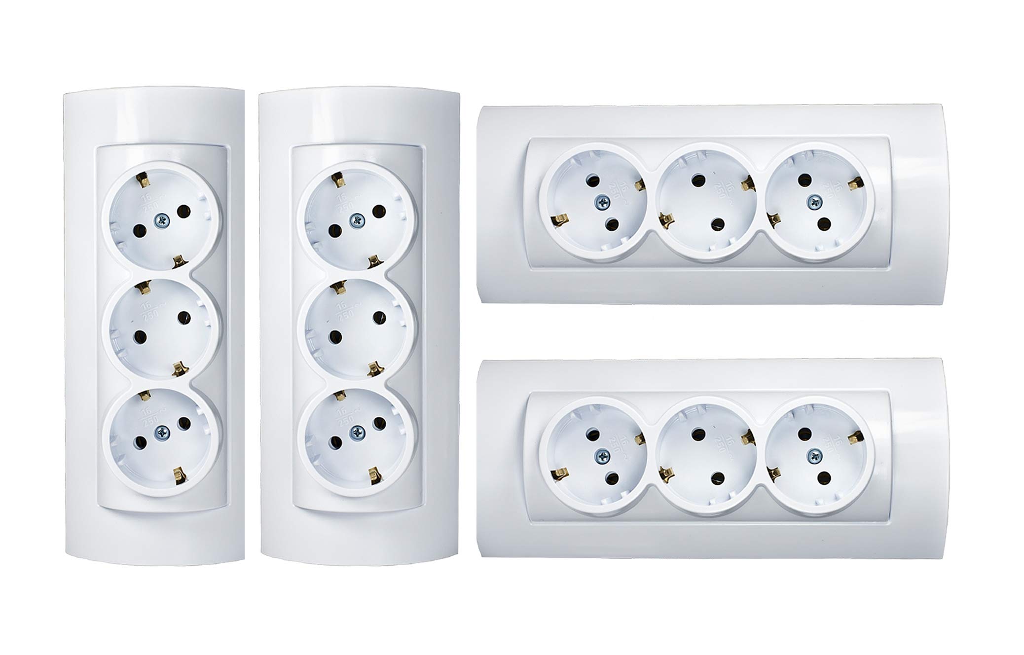 Set of 4 3-way Wall Plug Socket Combination Sockets, Surface-mounted Socket Set, 3 Slots, Made in the EU
