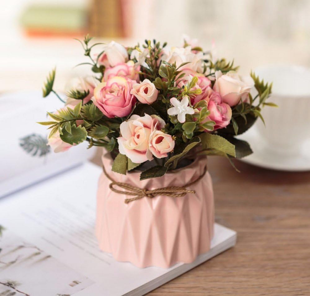 DSPOPEN68 Artificial Flowers Artificial Flowers Ceramic Pot Diy Wedding Party Bedroom Kitchen Windowsill Home Decorations Small Potted Pink Flowers -14