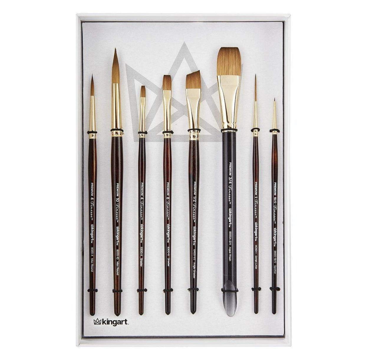 KINGART Finesse Kolinsky Sable Synthetic Blend Premium Watercolor Artist Brushes, Gift Box, Set of 8, Synthetic Brush Hairs, Acrylic Handle, for Oil, Acrylic, Watercolor, and Gouache Paints