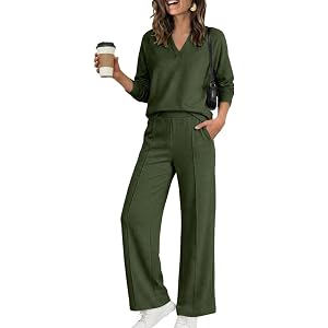 Shiketong Women's 2 Piece V Neck Lounge Set Matching Sweatsuits | Organic Cotton Lounge Sets for Women , Airport Travel Outfi