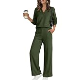 Shiketong Women's 2 Piece V Neck Lounge Set Matching Sweatsuits | Organic Cotton Lounge Sets for Women , Airport Travel Outfits, Comfy Athleisure Fall Winter Clothes ,wide Leg Palazzo Pants