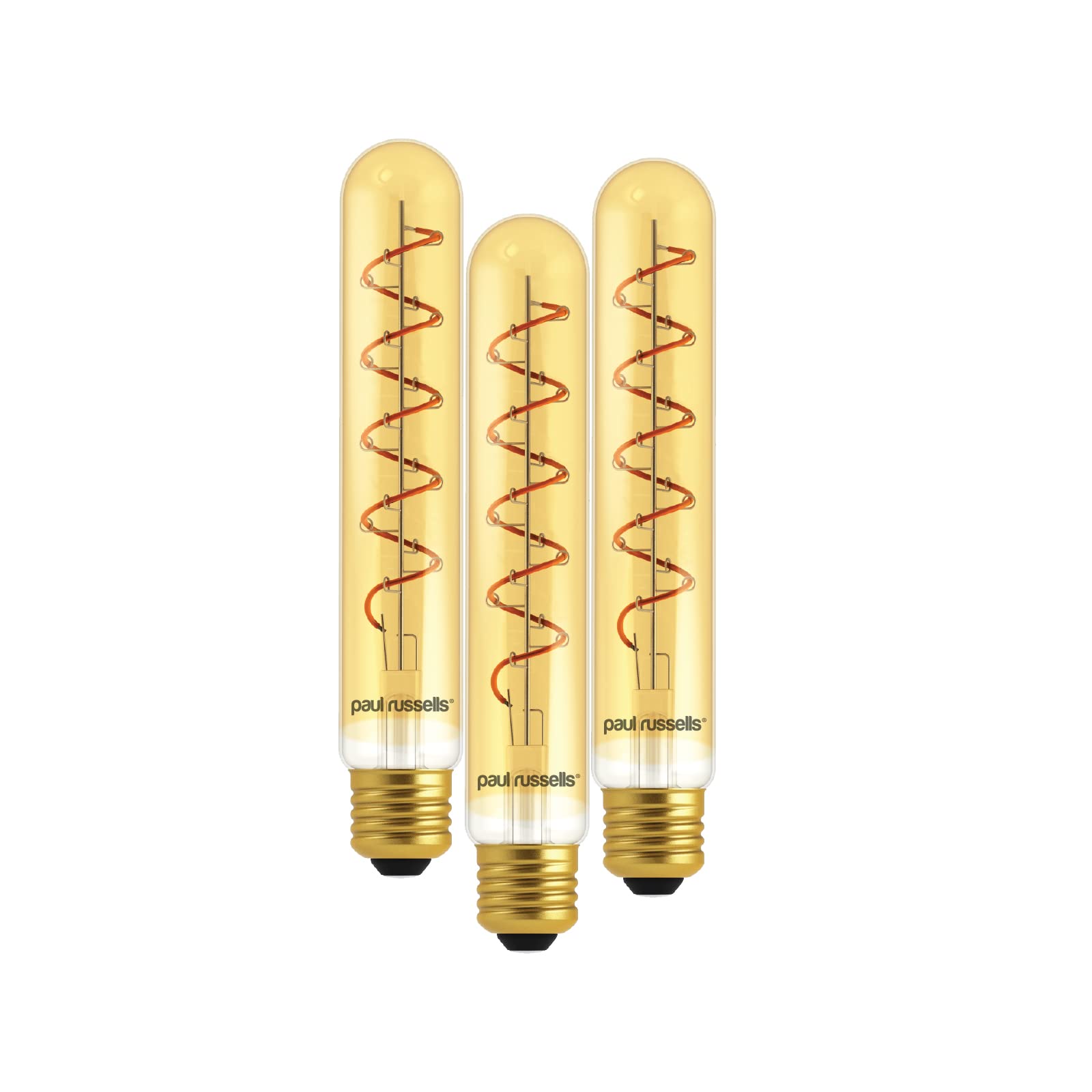 paul russells Flexible Spiral Filament T32 LED Edison Screw E27 Vintage Lights - Pack of 3 – 25W Equivalent, 4W 1800K ES Long Tube Decorative Retro Bulbs Non-Dimmable - Extra Warm White, Flicker Free