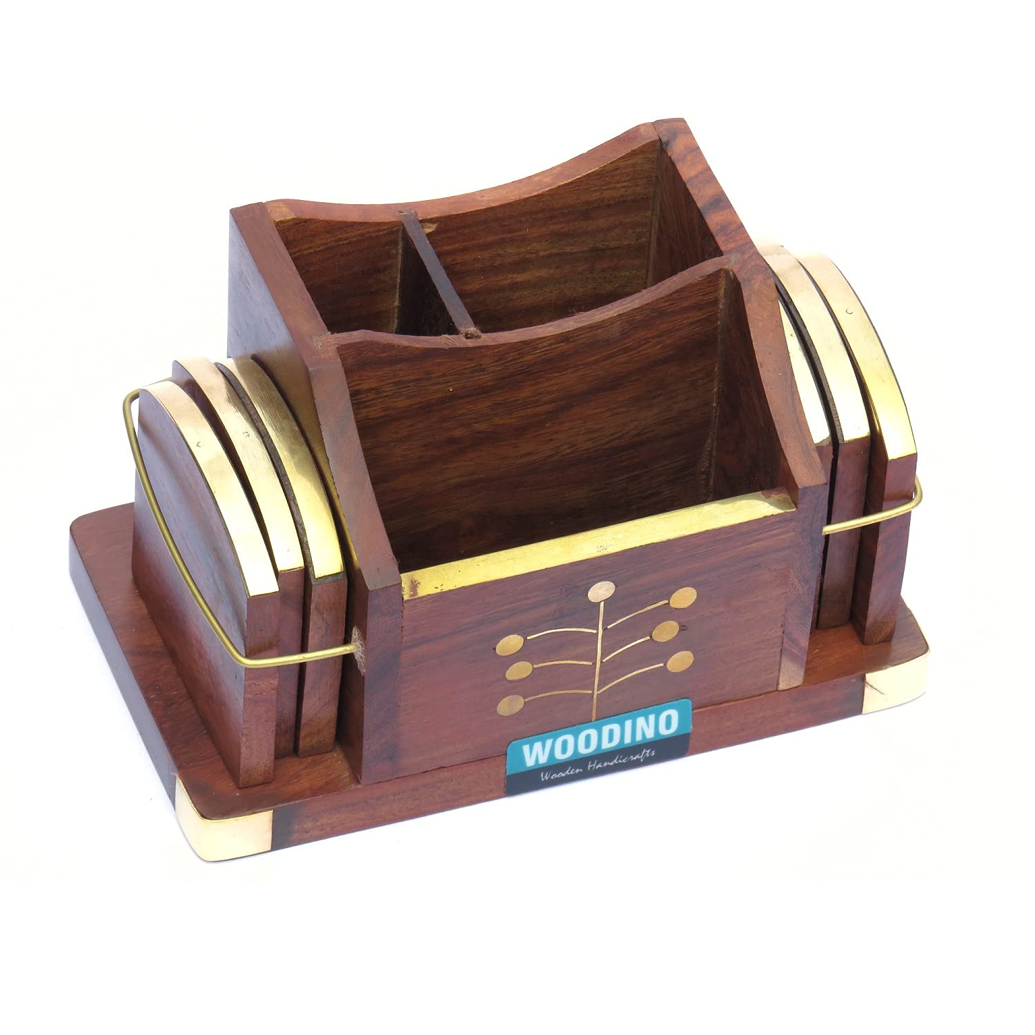 Woodino Wooden Rosewood Desk Organiser, Coaster/Coasters Set, Pen Stand