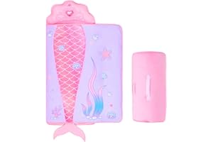 GOPHRALOVE Mermaid Nap Mats for Preschool with Removable Pillow and Blanket Kids Sleeping Bag with Pillow Reinforced Stitching Machine-Washable, Soft Nap Mats for Daycare, Travel, Camping 53"x21"