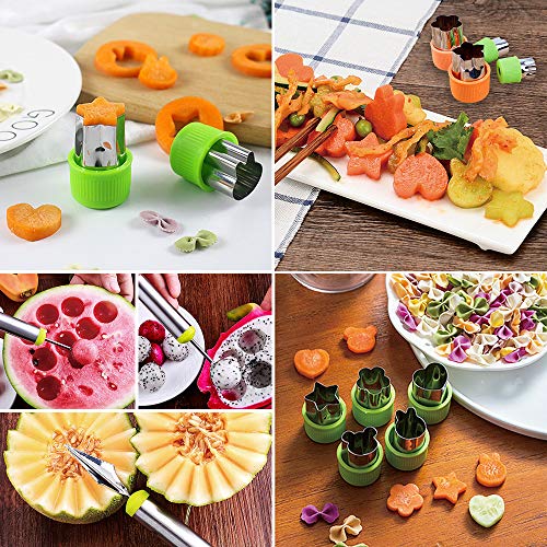 BAKHUK 12pcs Vegetable Shapes Cutters, Fruit Cookie Cutters, Melon Baller Scoop and Carving Knife and 10 Kids Fruit Picks Forks, for Cookies and Kids Crafts, Kitchen Food Decoration