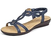 VJH confort Women’s Flat Sandals,Comfort Elastic Strap Rhinestone Open Toe Slip-On Casual Walking Sandals