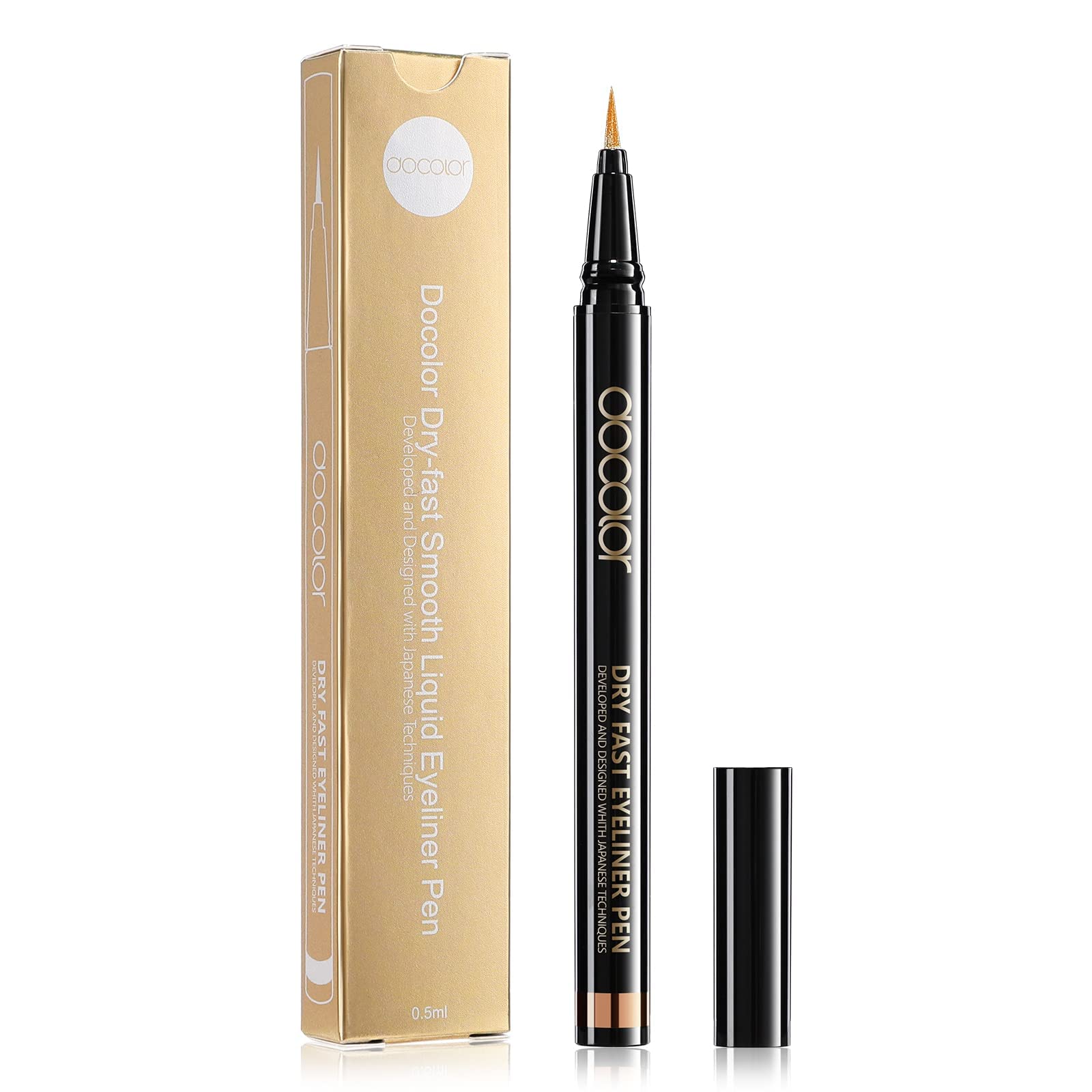 Docolor Waterproof Liquid Eyeliner Pen - Gold, Smudge Proof & Long Lasting - Hyper Precise Brush Tip for Beginners & Sensitive Eyes - Quick Drying, Intense Matte Ink - Vegan & Cruelty-Free