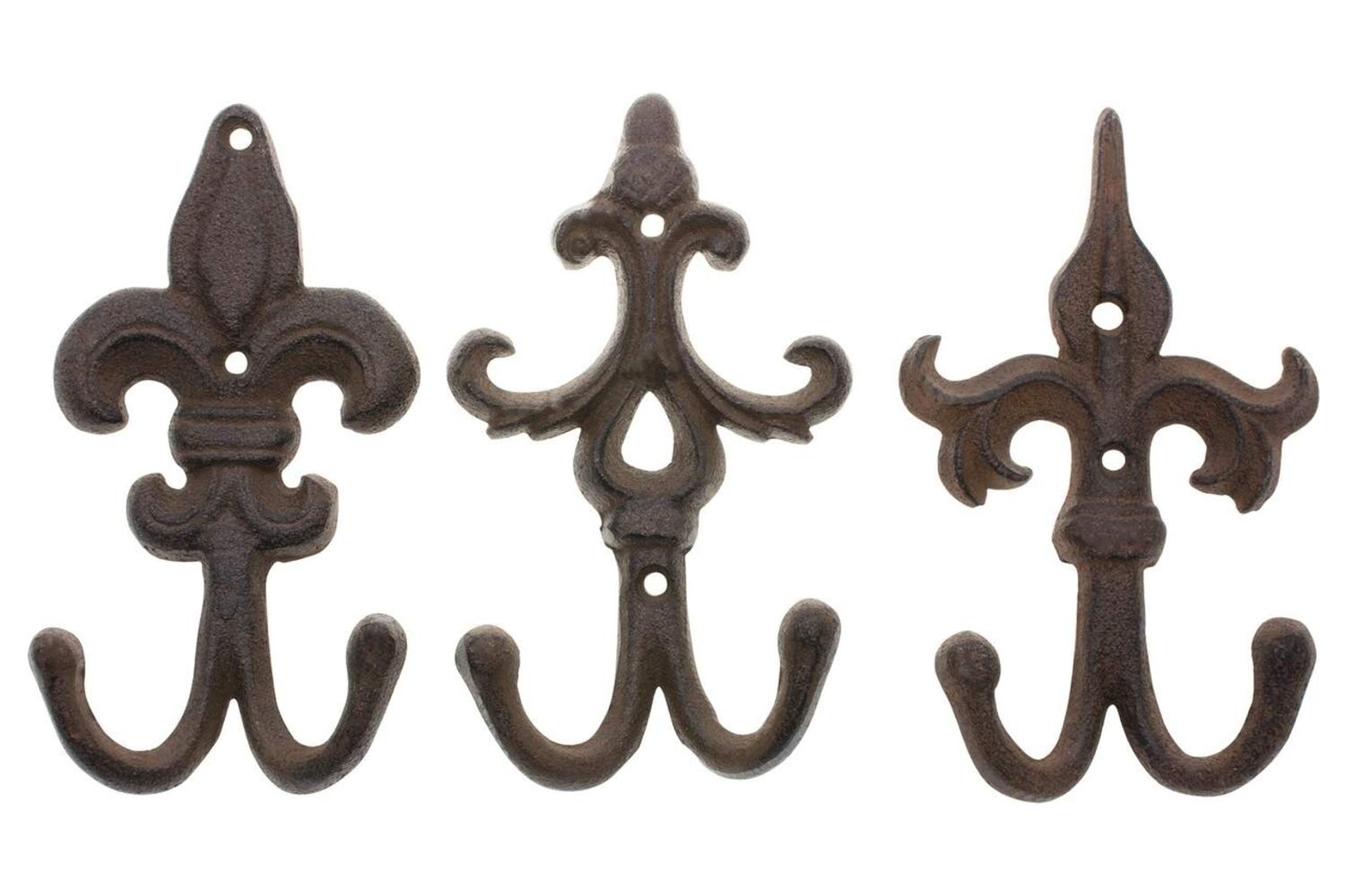 Comfify Set of 3 - Cast Iron Fleur De Lis Double Wall Hooks/Hangers - Decorative Wall Mounted Coat Hook - Rustic Cast Iron - with Screws and Anchors CA-1504-30-BR