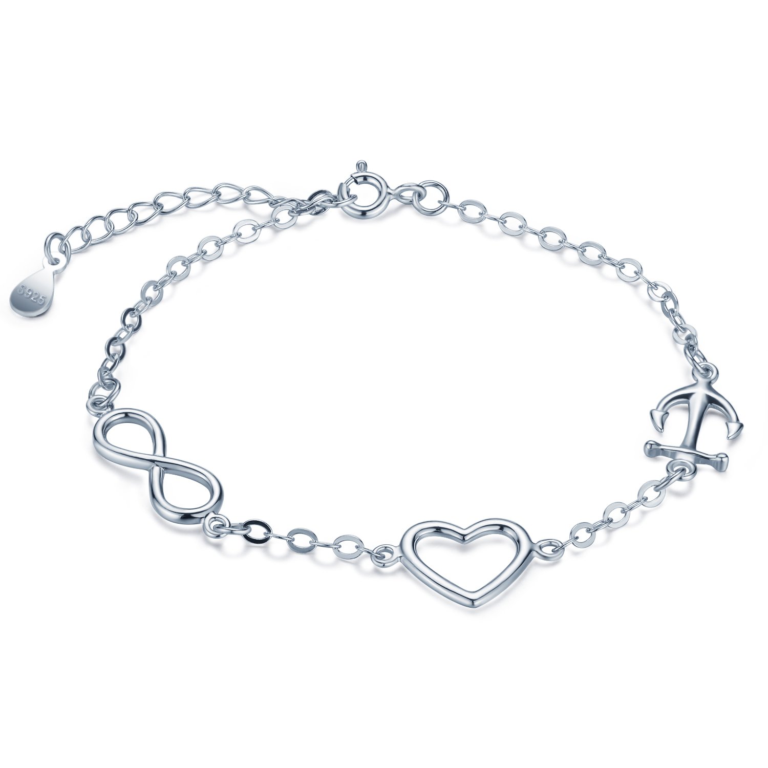 MicLee Heart Anchor Infinity Barcelet 925 Sterling Silver Charm Link Bracelets 16cm (Extender 3.5cm) for Women Girls with Gift Box and Card