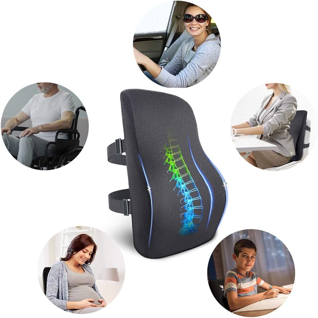 Lumbar Support Pillow for Office Chair Car Memory Foam Chair Back Support Cushion with Breathable Mesh Cloth and Double Adjustable Straps 3D Anti Slip Rubber Bottom Suitable for Home Office and Car: Kitchen & Dining