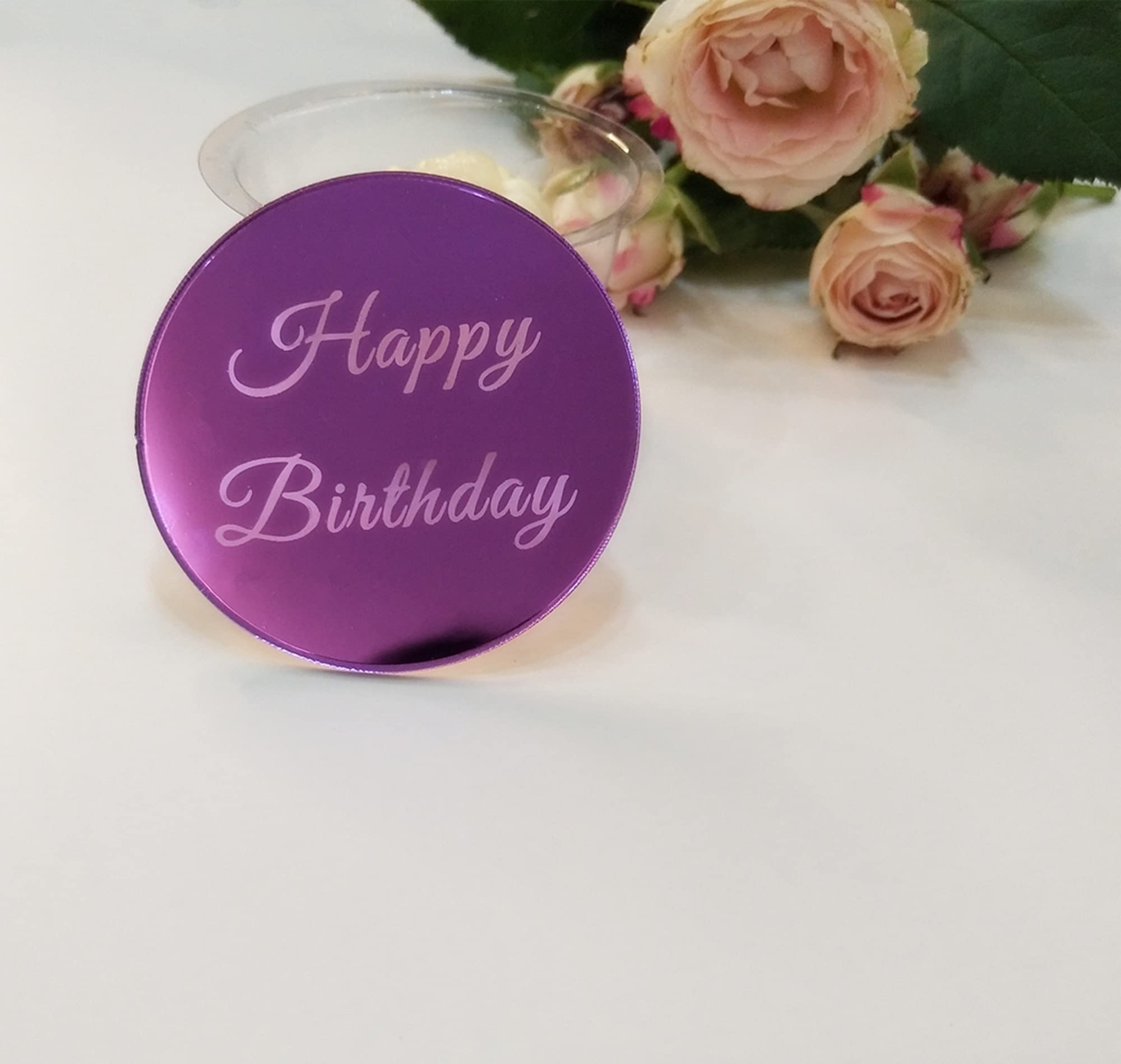 12pcs Mirrored Happy Birthday Cake Disc Cupcake Toppers, Acrylic Cake Charm, Engraved Topper,Mini Acrylic Cake Toppers (Purple Mirror)