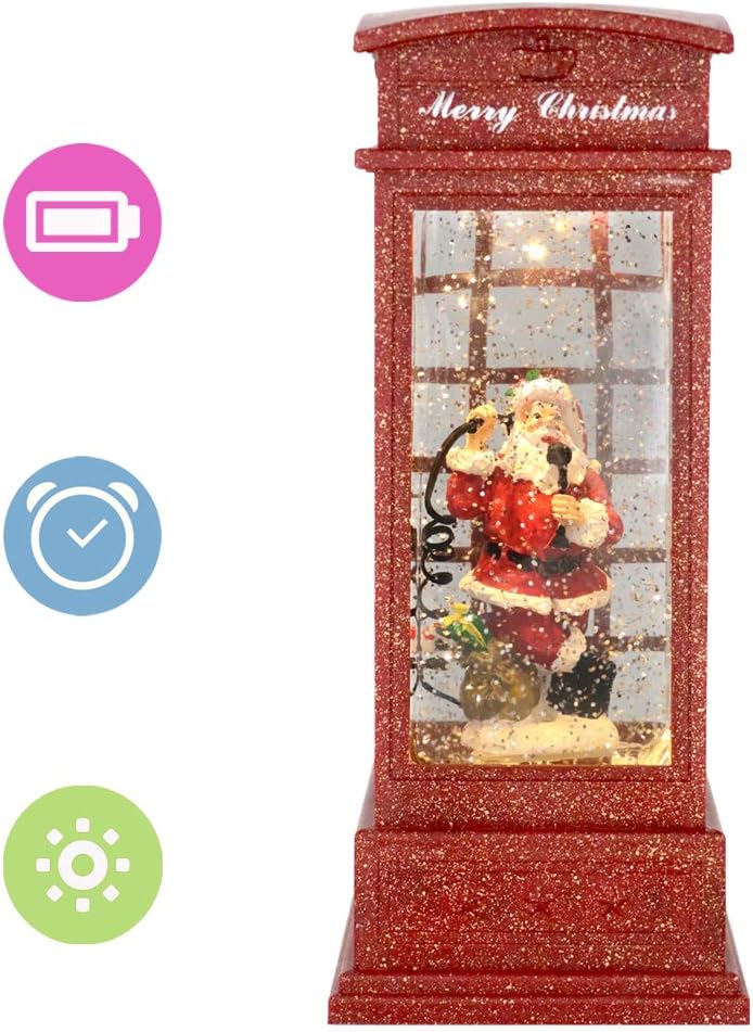Eldnacele Christmas Snow Globe Lantern Phone Booth, Swirling Water Glittering Battery Operated Festicval Ornament with Timer for Christmas Tabletop Centerpiece Home Decoration(Phone Booth)