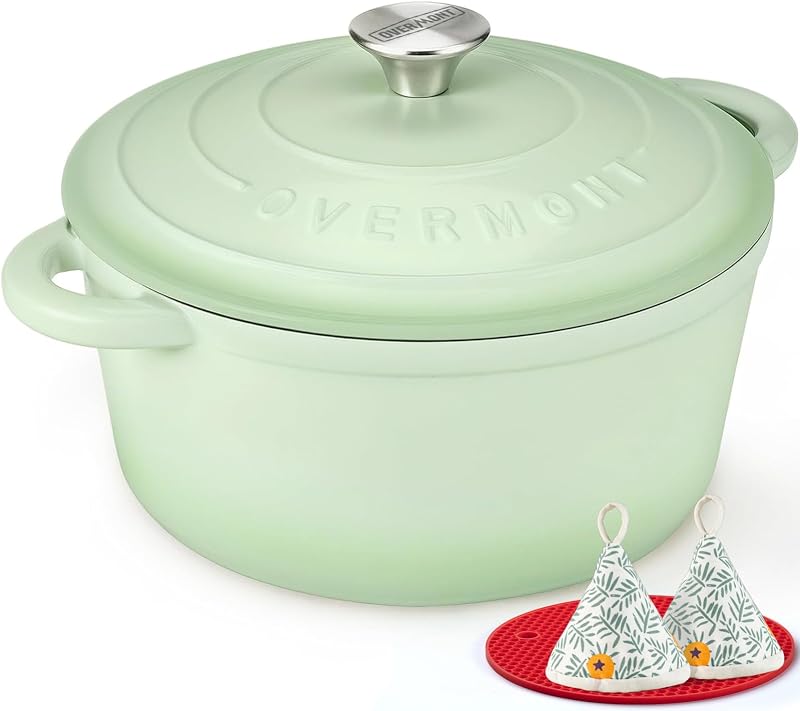 OVERMONT 26cm enamelled cast iron round casserole with lid 5.2L green
