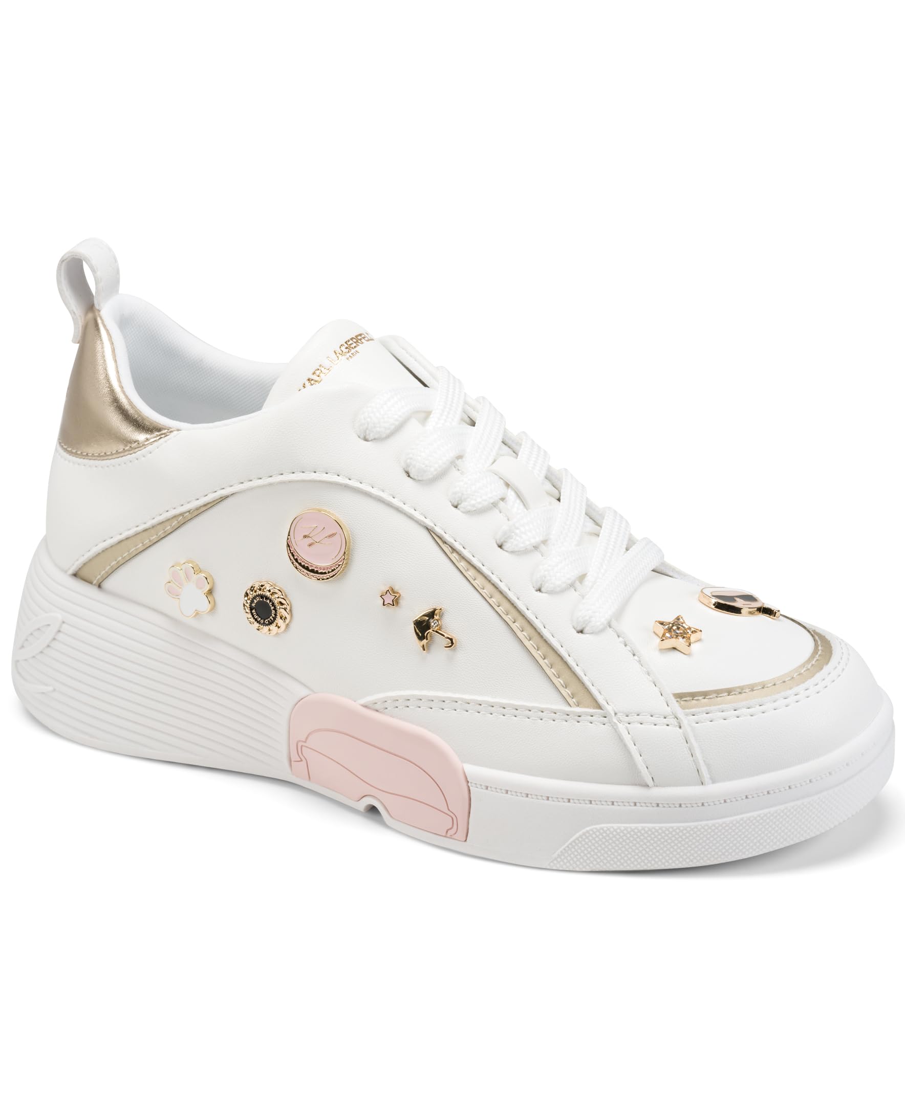 KARL LAGERFELD Paris Women’s Mineola Wedge Lace up Sneaker with Pins, Bright White, 9.5