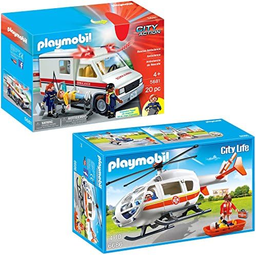 Playmobil City Action Playset Bundle with Rescue Ambulance and Emergency Medical Helicopter