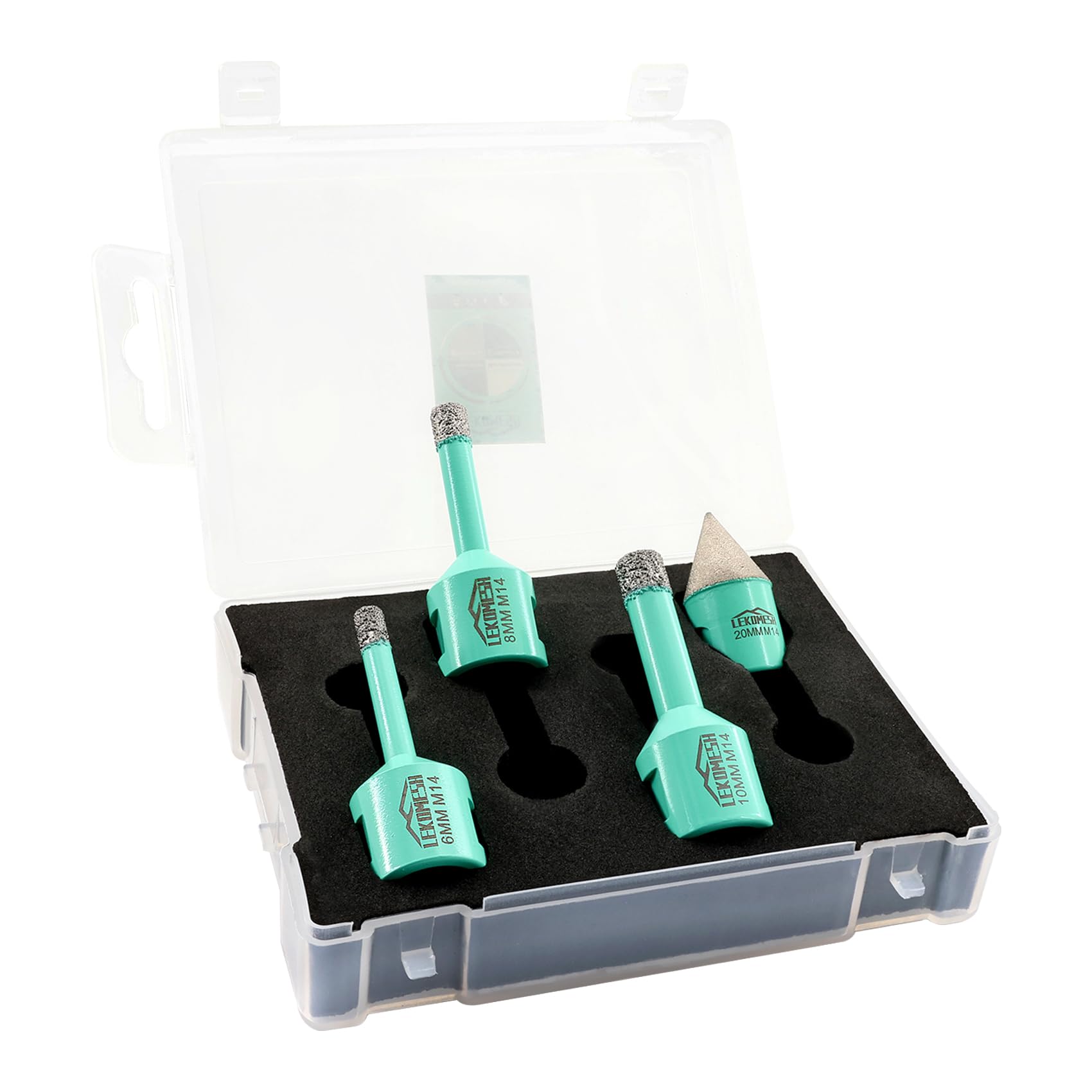 Diamond Core Drill Bits Kit - 4pcs (6/8/10mm+20mm Beveling Chamfer Bit) LEKOMESH Tile Hole Saw Kit with Plastic Box for Porcelain Tile Ceramic Granite Marble Masonry Stone,M14 Thread