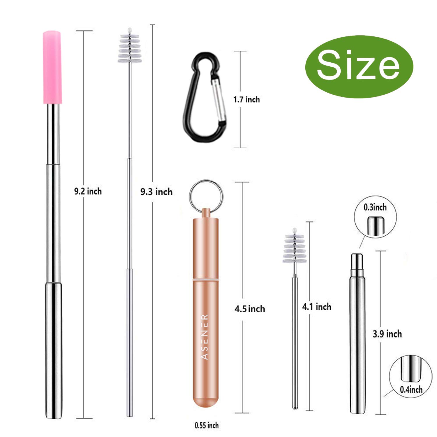 Telescopic Reusable Straws - Collapsible Stainless Steel Metal Straw - Portable Drinking Straw with Aluminum Case and Cleaning Brush - Bonus 2 Silicone Tips and Key Chains - 2 Pack Rose Gold, Black