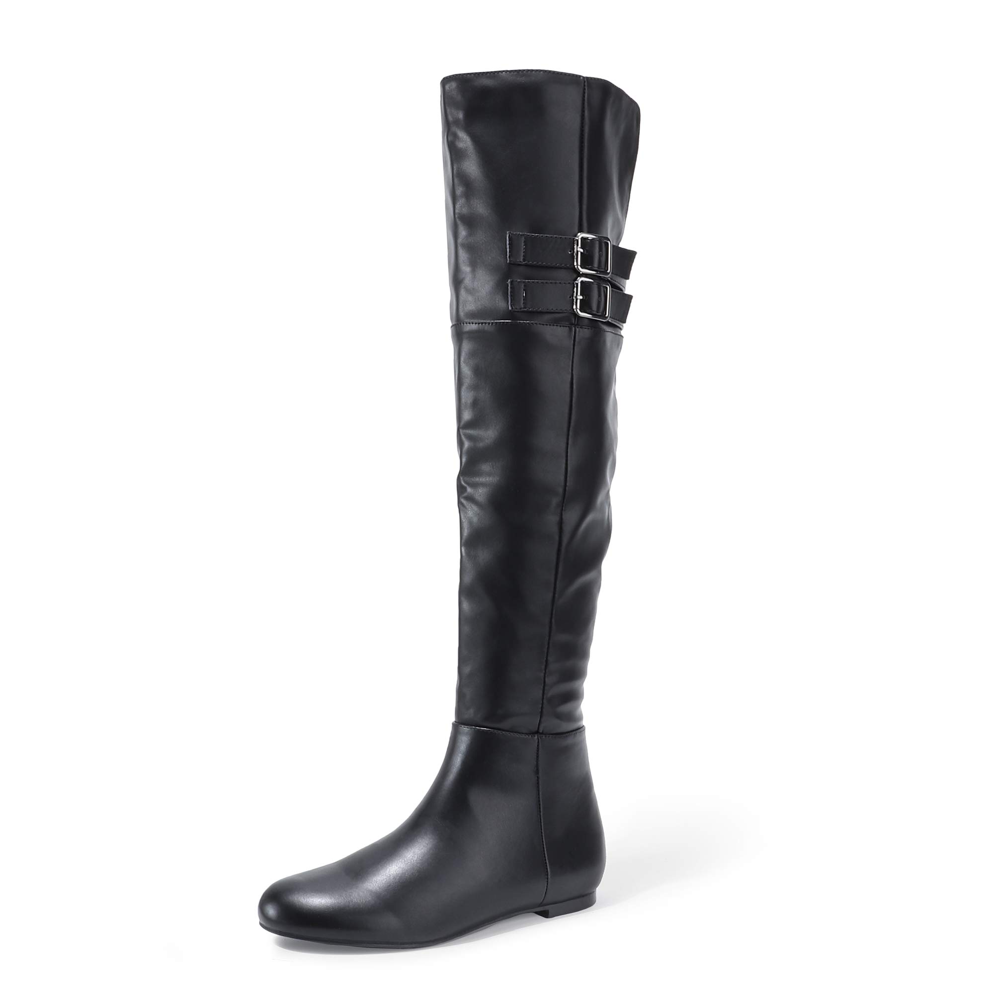 IDIFU Women's HFIONN-D Fashion Casual Buckle Size Zipper Over The Knee Boots Winter Riding Boots (Black Pu, 10)